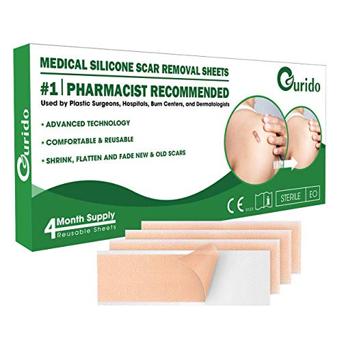 GURIDO Medical Silicone Scar Removal Sheets, 4 Reusable Sheets, Treat Scars Caused by C-Section, Surgery, Burn, Injuries, Acne, and Stretch Marks, Works on Old  and  New Scars, 5.7"x1.57