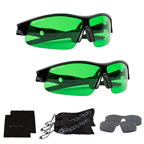 Happy Hydro - LED Grow Room Glasses - Green Lens for Protection from LED Lighting - UV Blocking Wrap Around Design - 2 Pack