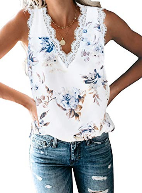 BLENCOT Women Ladies Sexy V Neck Floral Lace Trim Tank Tops Casual Loose Sleeveless Blouse Shirts Work White M
