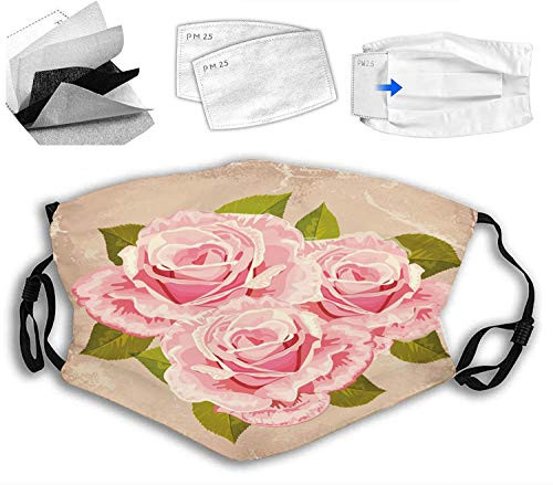 Personality mask Windproof Breathable Mouth Cover,Pink Bouquet of Valentines Roses Retro Love Romance Theme Grunge Display,Adjustable Face Masks Sport Reusable Miracle mask
