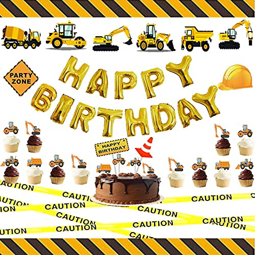 Construction Birthday Party Supplies with Construction Birthday Banner -Happy Birthday Balloons Banner-, Caution Tapes, Barricade Tapes, Cupcake Toppers and Decorative Pieces for Boys Birthday Party Decorations