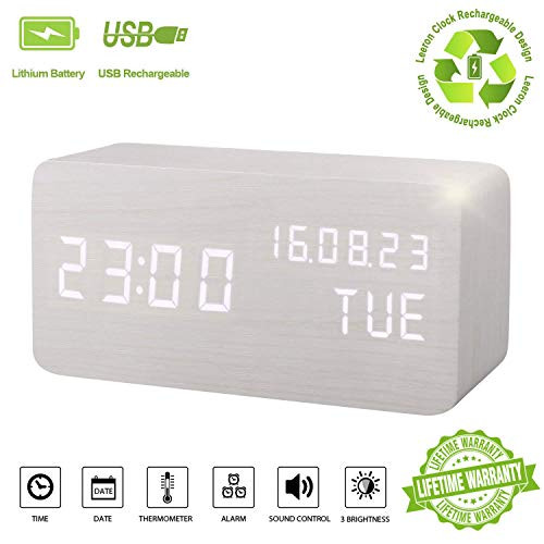 Alarm Clock,Wood Digital Alarm Clock Displays Time Date Week and Temperature Sound Control Rechargeable LED Wooden Desk Clocks