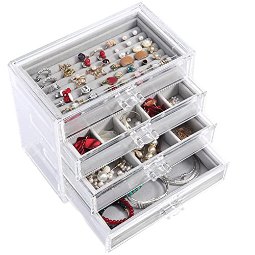 Vplus Acrylic Jewelry Box with 4 Drawers, Velvet Jewelry Organizer for Earring Necklace Ring and Bracelet, Clear Jewelry Display Storage Case for Woman,Grey Vplus Acrylic Jewelry Box with 4 Drawers, Velvet Jewelry Organizer for Earring Necklace Ring and Bracelet, Clear Jewelry Display Storage Case for Woman,Grey