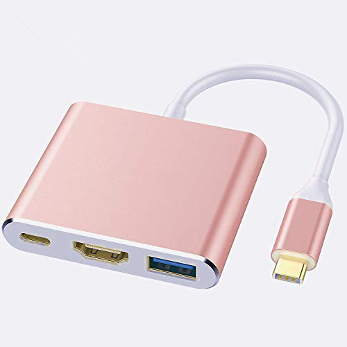 USB C to HDMI Adapter, Qidoou Type C Adapter Multiport USB C Hub with 4K HDMI Output, USB 3.0 Port and USB-C Charging Port -Rose Gold-
