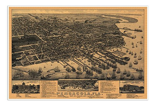 Antiguos Maps - Bird's Eye View Map of Pensacola Florida, Escambia County Circa 1885 - Measures 24 in x 36 in -610 mm x 915 mm-