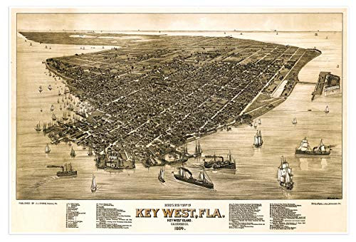 Antiguos Maps - Bird's Eye View Map of Key West Florida Monroe County Circa 1884 - Measures 24 in x 36 in -610 mm x 915 mm-