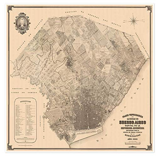 Antiguos Maps - Map of Buenos Aires, Argentina - Plano Topografico de la Ciudad de Buenos Aires Capital de la Republica Argentina Circa 1895 - Measures 24 in x 24 in -610 mm x 610 mm-