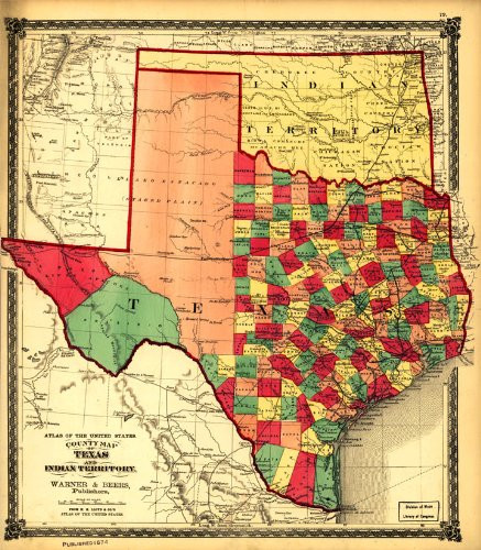 Antiguos Maps - Texas Counties and Indian Territory Map Circa 1875 - Measures 22 in x 24 in -559 mm x 610 mm-