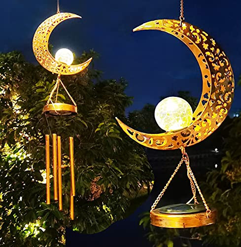 Aobik Solar Wind Chimes for Outside Hanging Outdoor Decor Moon Crackle Glass Ball Warm LED Light Sympathy Wind Chime Unique Memorial Gift with Metal Tubes Waterproof for Garden Yard Patio Lawn