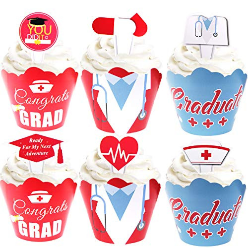 Nursing Graduation Cupcake Wrappers and Toppers - 48PCS Nurse Graduate Cupcake Liners and Cupcake Picks, Bake Cake Paper Cups with Topper for Medical RN Party Supplies Decoration Gift