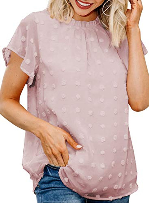 AlvaQ Women's Sweet Pink Chiffon Tops Formal Ruffled High Neck Short Sleeve Swiss Dot Pom Pom Shirts Boho Blouses Medium AlvaQ Women's Sweet Pink Chiffon Tops Formal Ruffled High Neck Short Sleeve Swiss Dot Pom Pom Shirts Boho Blouses Medium