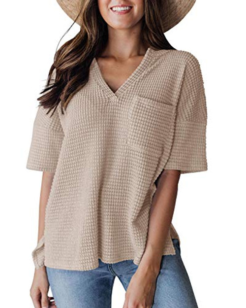 Womens V Neck T Shirts Short Sleeve Waffle Knit Tunic Tops Side Split Casual Loose Fit Pocket Shirts Blouse Apricot