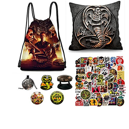 Cobra Kai Merch,Backpack, Phone Holder,Button Pins, Necklace, Pillow Case, 102PCS Stickers -A-
