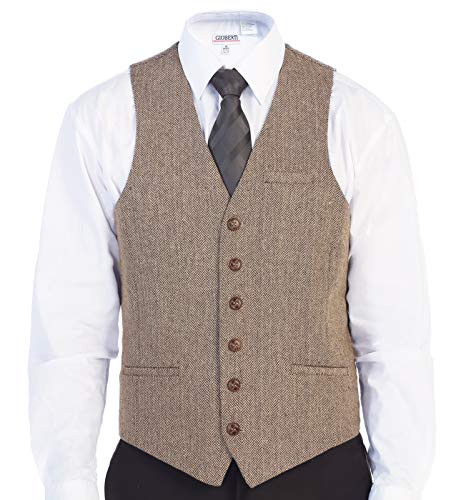 Gioberti Men's 6 Button Slim Fit Formal Herringbone Tweed Vest, Herringbone Khaki, Small