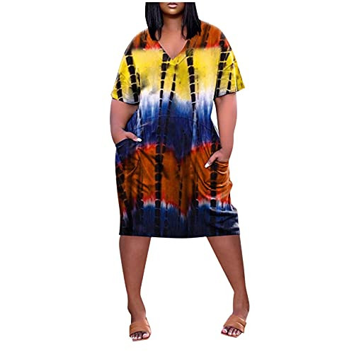 NuReep Women Summer Casual Plus Size Dress Solid Tie-Dye Print V-Neck Short Sleeve Loose Shift Midi Dress with Pocket NuReep Women Summer Casual Plus Size Dress Solid Tie-Dye Print V-Neck Short Sleeve Loose Shift Midi Dress with Pocket