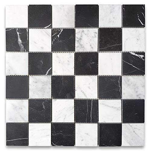 Stone Center Online Carrara White  and  Nero Marquina Black Marble 2x2 Checkerboard Mosaic Tile Polished for Kitchen Backsplash Bathroom Flooring Shower Surround Dining Room Entryway Corrido -1 Sheet-