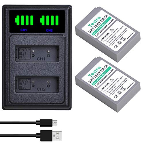 Tectra 2pcs BLS-5, BLS-50, PS-BLS5 Battery  plus LED USB Dual Charger for Olympus OM-D E-M10, OM-D E-M10 Mark II, OM-D E-M10 Mark III, Pen E-PL2, E-PL5, E-PL6, E-PL7, E-PM2, Stylus 1 Cameras