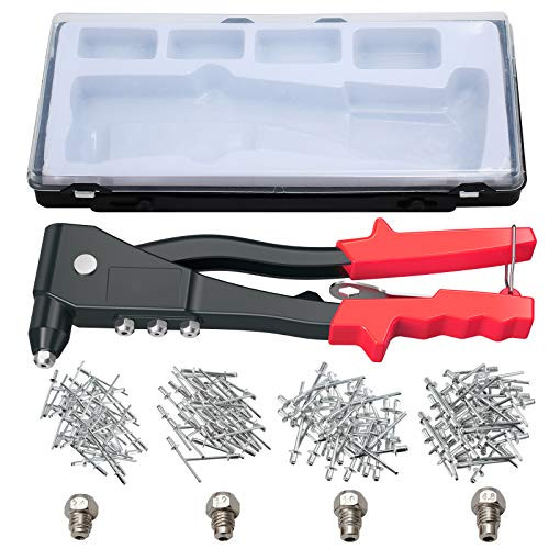 eSynic Riveting Tool Pop Rivet Kit, Professional Pop Rivet Gun Heavy Duty Hand Riveter Kit Rivet Tool with 200 Rivets-2.4mm 3.2mm 4mm 4.8mm four Sizes for Metal, Wooden and Plastic