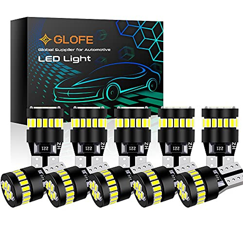 GLOFE 194 LED Light Bulb 6000K White 168 2825 W5W T10 Wedge 24-SMD 3014 Chipsets LED Replacement Bulbs Error Free for Car Dome Map Door Courtesy License Plate Lights, Interior LED, Pack of 10-White-