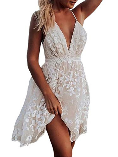 REDWOON Womens Sexy Lace Mini Swing Skater Dress V-Neck Sleeveless Hem Backless Short Beach Party Club Dresses -3 White, M-