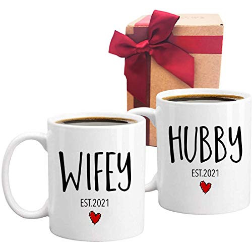 Wifey Hubby Mug Unique Wedding Gift for Couple, Wife, Husband, Mom, Bridegroom, Bride, Dad, Newlyweds, Parent Set of 2 Shot Mug