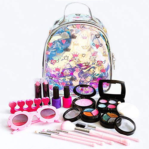 Washable Real Kids Makeup Kit for Girls, Pretend Play Toys for Little Princess, Pinky Cosmetic Makeup Set with Girl Sunglasses and Fashion Shining Toddler Backpack, Gifts for Girls Age 3-6 Make Up