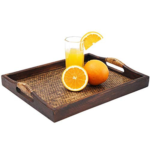 Rustic Vintage Food Serving Trays, Wood Serving Tray with Handles, Decorative Serving Trays Platter for Breakfast in Bed, Lunch, Dinner, Appetizers, Patio, Ottoman, Coffee Table, BBQ, Party
