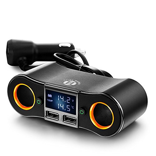 XISEDO 2 in 1 Car Cigarette Lighter Splitter, Multi-Functional in-car Car Charger Power Adapter with 2 Cigarette Lighter Sockets HUB 80W 12V-24V, Dual USB Charging Ports with Voltage/Temperature Disp