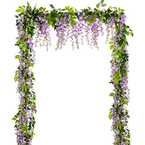 Lvydec Wisteria Artificial Flowers Garland, 4 Pcs Total 28.8ft Artificial Wisteria Vine Silk Hanging Flower for Home Garden Outdoor Ceremony Wedding Arch Floral Decor (Light Purple)