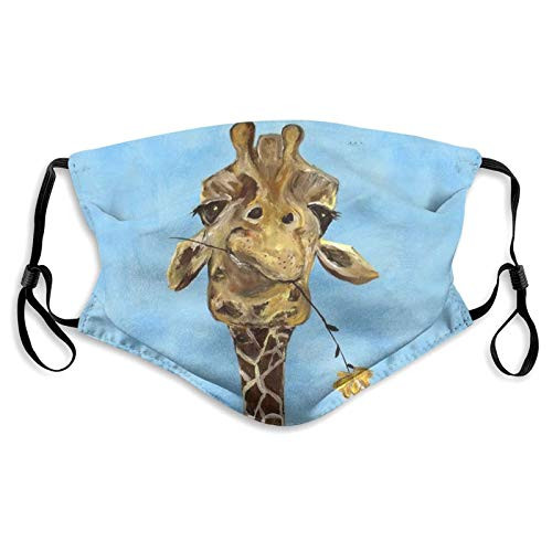 Funny Cute Animal Giraffe With Flower Fashion Face Mask With Filter Pocket Washable Face Bandanas Balaclava Reusable Fabric Mask With 2 Pcs Filters
