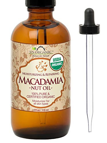 US Organic Macadamia Nut Oil Unrefined Virgin, Certified Organic, Pure  and  Natural, Cold Pressed, in Amber Glass Bottle w/Glass Eye dropper for Easy Application -4 oz -Large--