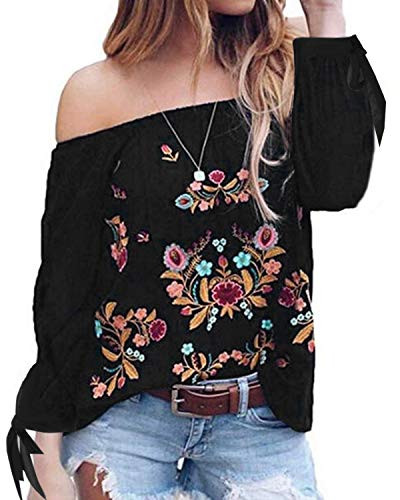 SIMSHION Womens Off Shoulder Blouses Tops Tie Sleeve Long Sleeve Casual Shirts Floral A-Black L