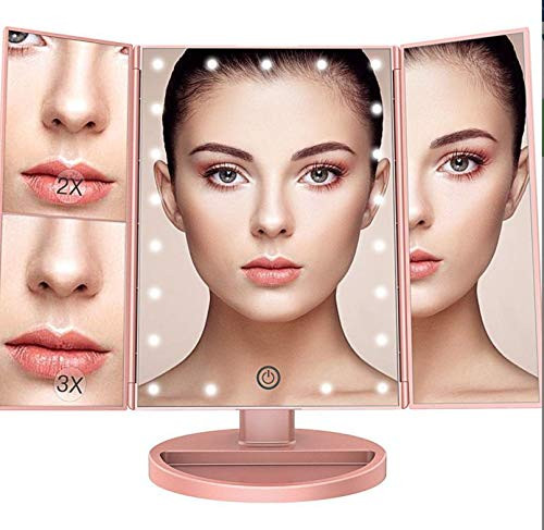 Liuy Makeup Mirror 22 Led Vanity Mirror with Lights, 1x 2X 3X Magnification, Touch Screen Switch, 180 Degree Rotation, Dual Power Supply, Portable Trifold Makeup Mirror -Pink-