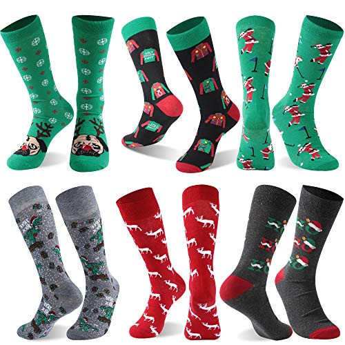 Gmall Men's Christmas Cartoon Novelty Dress Funny Holiday Halloween Thanksgiving Day New Year Gift Cute Cartoon Crew Socks,6 Pairs