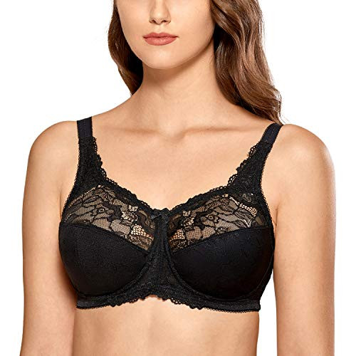 DELIMIRA Women's Wireless Support Bra Full Coverage Lace Plus Size Unlined Bras Black 42DD