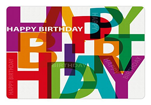 Ambesonne Birthday Pet Mat for Food and Water, Vibrant Colorful Letters Scattered Broken Text Puzzle Like Display Graphic Print, Rectangle Non-Slip Rubber Mat for Dogs and Cats, Multicolor