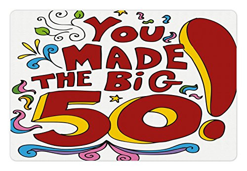 Ambesonne 50th Birthday Pet Mat for Food and Water, Colored Floral Design with Fun Cartoon Like Display and Birthday Message, Rectangle Non-Slip Rubber Mat for Dogs and Cats, Multicolor