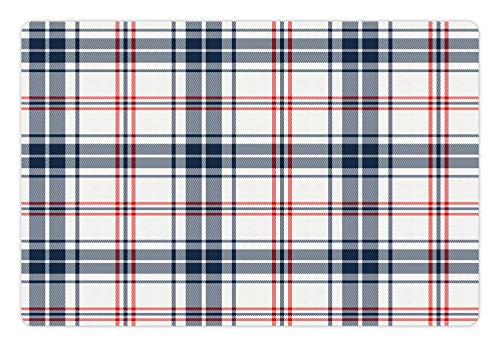 Ambesonne Abstract Pet Mat for Food and Water, English Style Tartan Motif Old Fashioned Cultural Striped Display, Rectangle Non-Slip Rubber Mat for Dogs and Cats, Violet Blue Orange White
