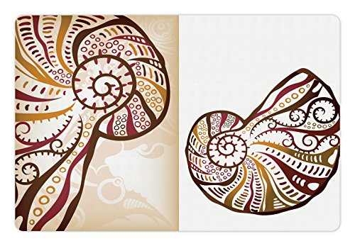 Ambesonne Seashells Pet Mat for Food and Water, Boho Seashells Pattern Divided 2 Part Effects Hear The Ocean Creature, Rectangle Non-Slip Rubber Mat for Dogs and Cats, Pale Brown Cream