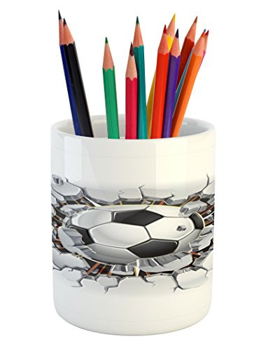 Lunarable Sports Pencil Pen Holder, Soccer Ball and Old Plaster Wall Damage Destruction Punching Illustration, Ceramic Pencil Holder for Desk Office Accessory, 3.6" X 3.2", Black and White