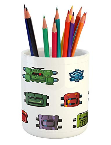 Lunarable Nursery Pencil Pen Holder, Various Model Caricature Race Cars Little Logo Style Game Vehicles Display, Printed Ceramic Pencil Pen Holder for Desk Office Accessory, Multicolor