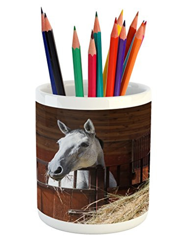 Lunarable Horse Pencil Pen Holder, Young Mare Eating Hay in Stable Rustic Barn Ranch House Animal Fun Print, Printed Ceramic Pencil Pen Holder for Desk Office Accessory, Dark Olive and Green