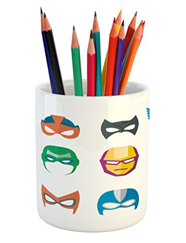 Lunarable Superhero Pencil Pen Holder, Hero Female Male Costume Power Justice People Fashion Display, Ceramic Pencil Holder for Desk Office Accessory, 3.6" X 3.2", Multicolor