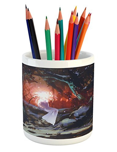 Lunarable Fantasy Pencil Pen Holder, Surreal Ghost Girl in an Enchanted Forest in Dark Woods Display Print, Ceramic Pencil Holder for Desk Office Accessory, 3.6" X 3.2", Multicolor