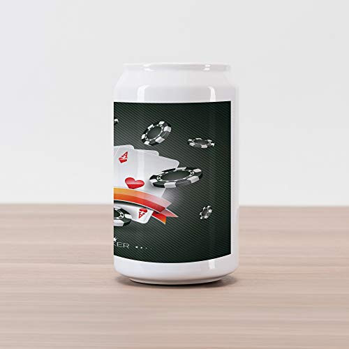 Lunarable Poker Tournament Cola Can Shape Piggy Bank, Display of The Spread Chips with Poker Cards Lifestyle, Ceramic Cola Shaped Coin Box Money Bank for Cash Saving, Charcoal Grey White
