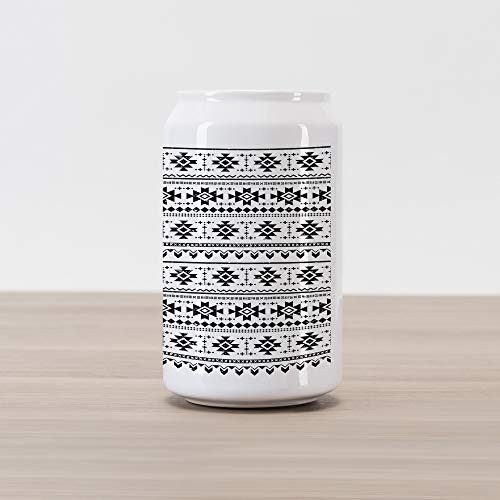 Lunarable Aztec Cola Can Shape Piggy Bank, Grunge Display of Retro Abstract Pattern on White Backdrop South American Culture, Ceramic Cola Shaped Coin Box Money Bank for Cash Saving, Black White