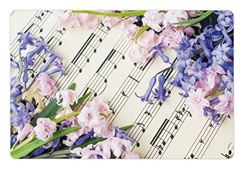 Lunarable Sheet Music Pet Mat for Food and Water, Hyacinth Flowers Musical Notes Music Book Photo, Rectangle Non-Slip Rubber Mat for Dogs and Cats, Lavender Blue Pale Mauve and Off White