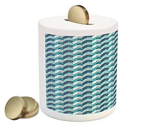 Lunarable Abstract Piggy Bank, Geometric Spiralling Swirling Waves of Ocean Graphic Sea Coastal Theme, Ceramic Coin Bank Money Box for Cash Saving, 3.6" X 3.2", Sky Blue and White