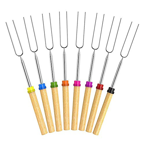 asika Roasting Sticks with Wooden Handle Extendable Forks Set of 8Pcs 32Inch Telescoping Skewers for Campfire, Firepit, and Sausage BBQ