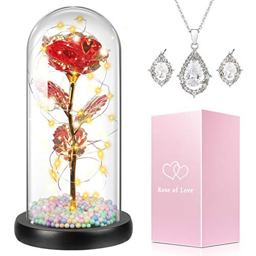 Gift for Mom, Galaxy Rose Flower Gift, 3 Piece Jewelry Sets for Women, Forever Rose in Glass Dome, Light Up Rose Flowers Gift, Artificial Flower, Women Birthday Mothers Day Anniversary-Red- Gift for Mom, Galaxy Rose Flower Gift, 3 Piece Jewelry Sets for Women, Forever Rose in Glass Dome, Light Up Rose Flowers Gift, Artificial Flower, Women Birthday Mothers Day Anniversary-Red-